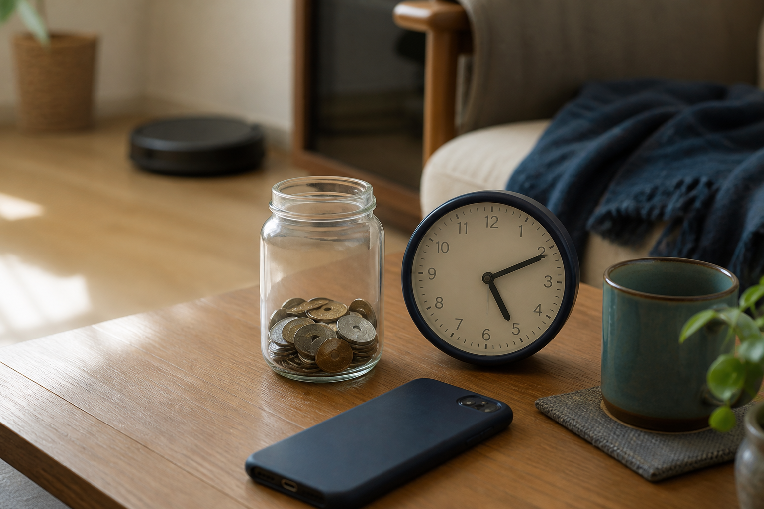 貯金瓶と時計、時短家電のある落ち着いた暮らし